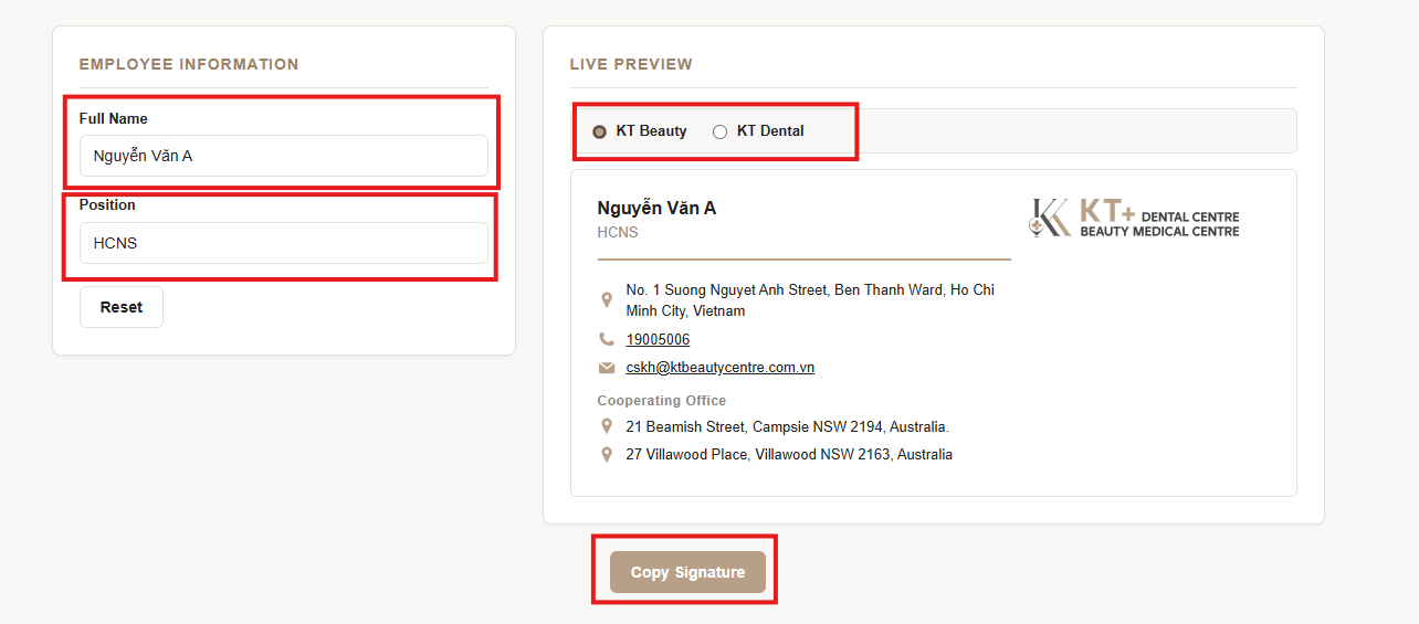 Nhập Full Name, Position, chọn brand và bấm Copy Signature