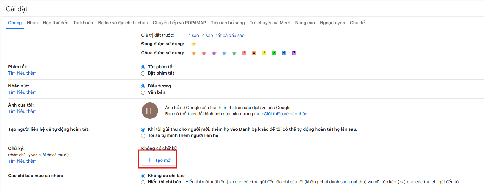 Mục Chữ ký và nút Tạo mới
