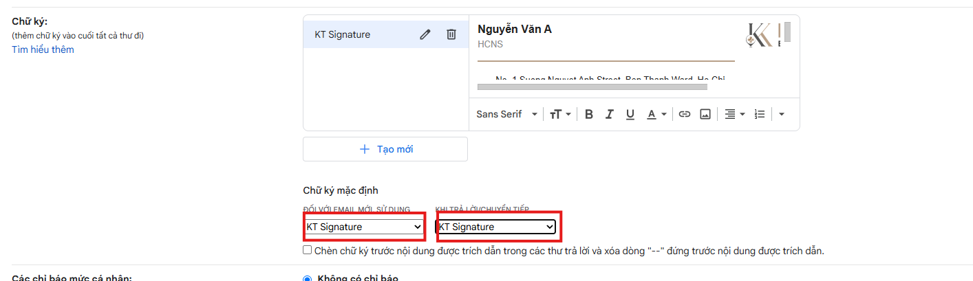 Chọn chữ ký mặc định cho email mới và trả lời/chuyển tiếp